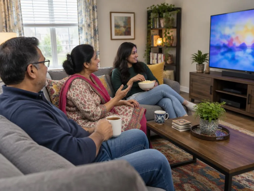 Indian Canadian household enjoying entertainment together