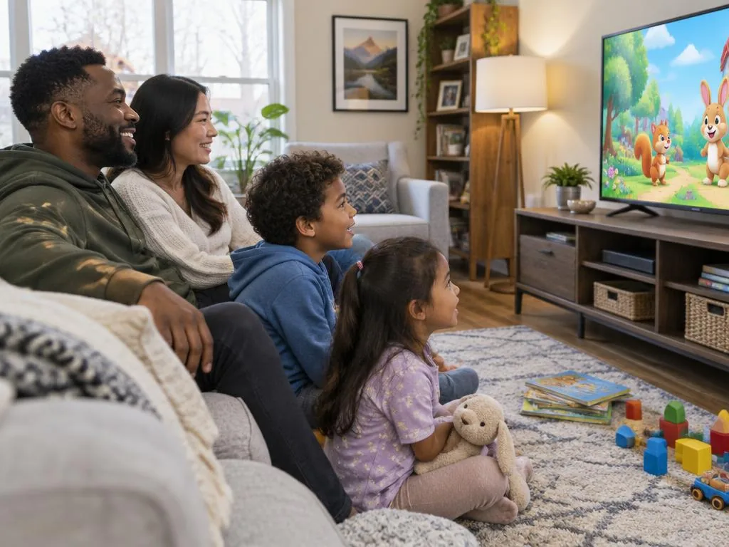 Diverse Canadian parents and children watching family entertainment