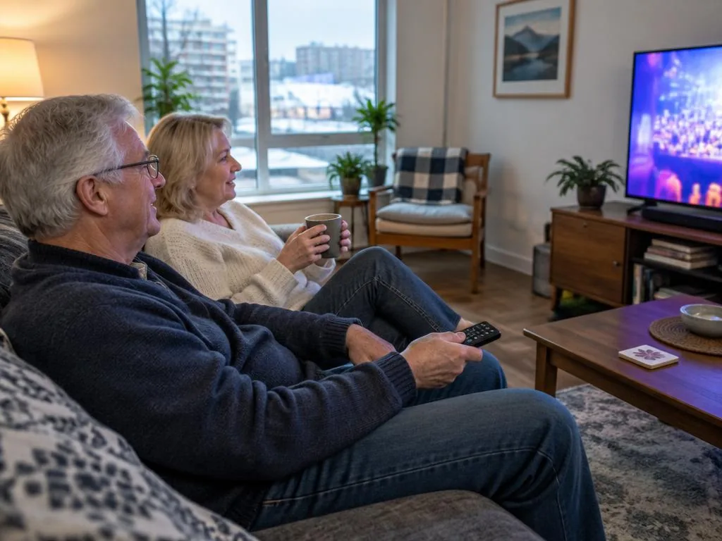 Older Canadian couple watching live television together