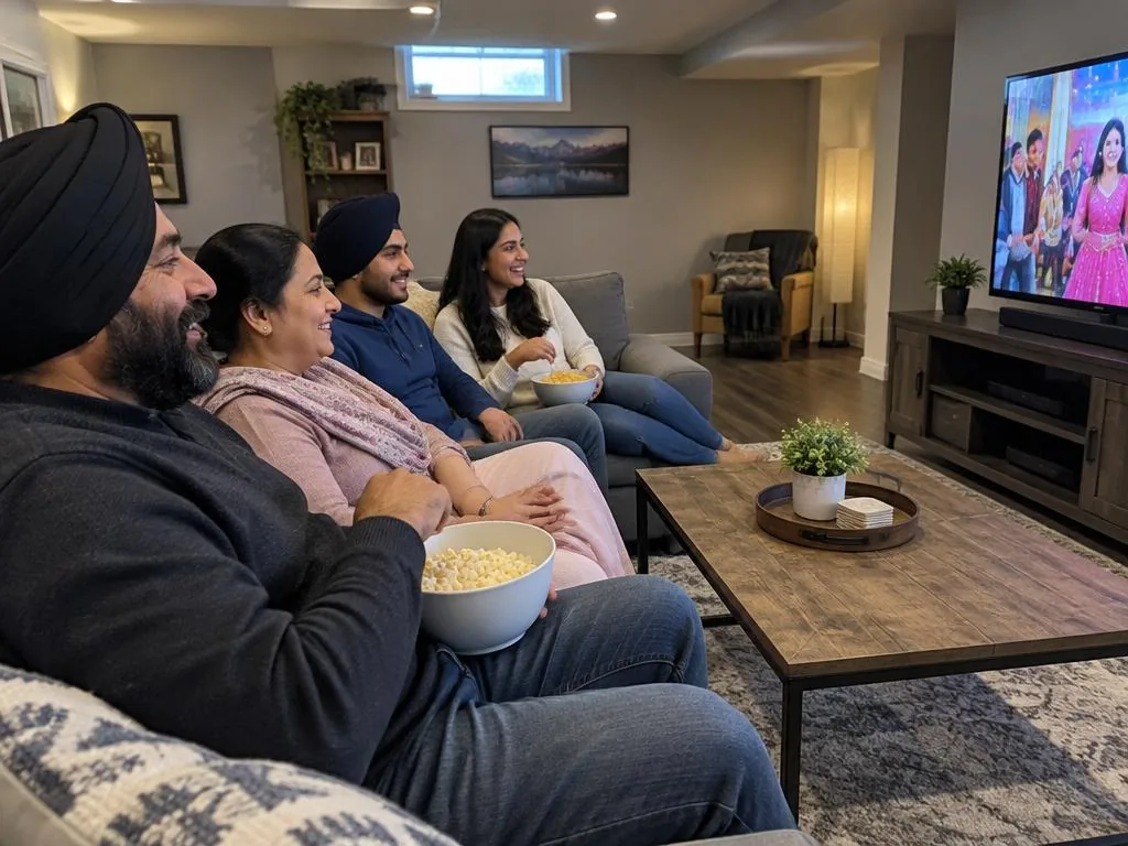 Punjabi Sikh Canadian family watching television together