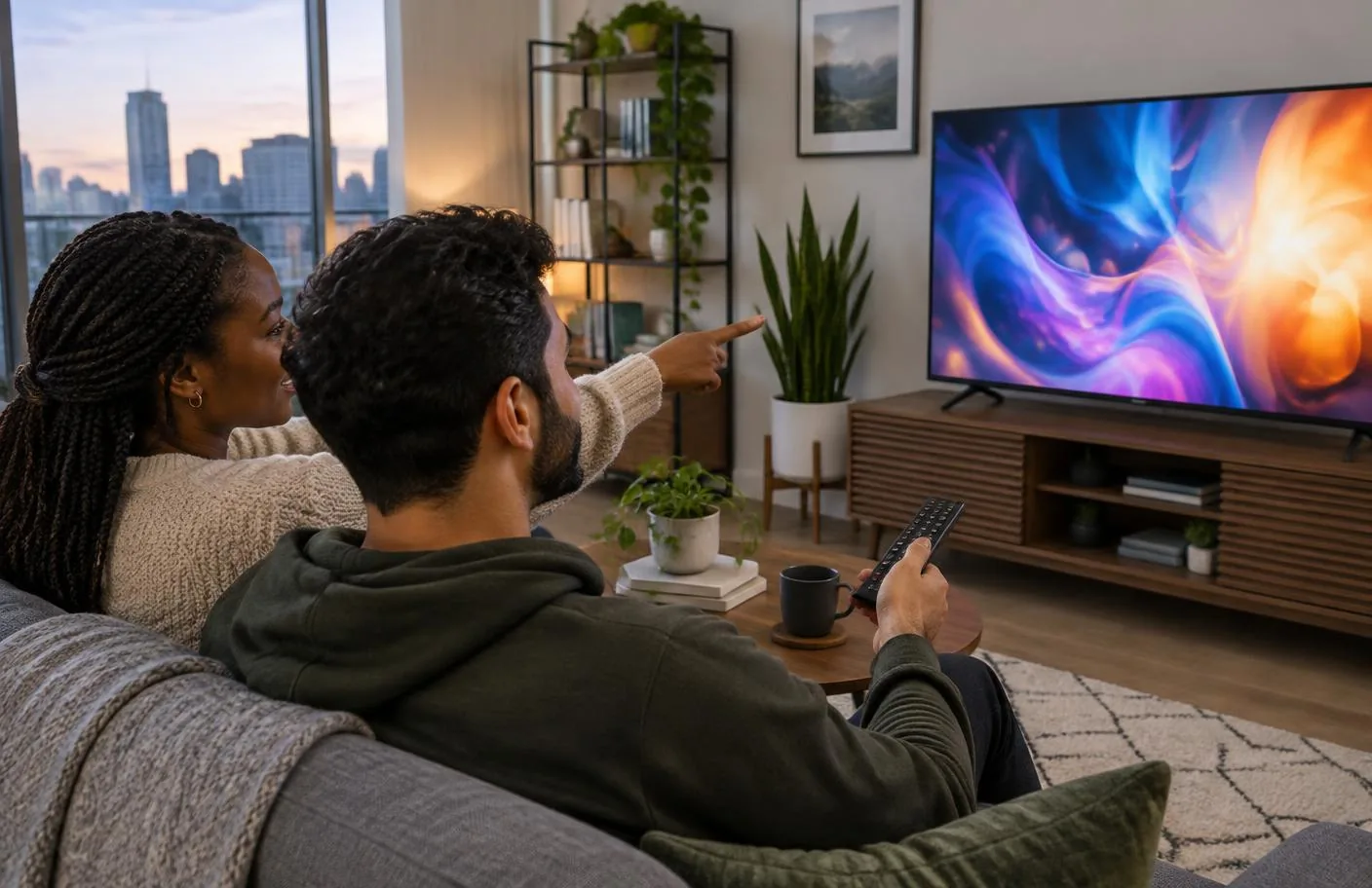 Interracial Canadian couple trying entertainment on their television