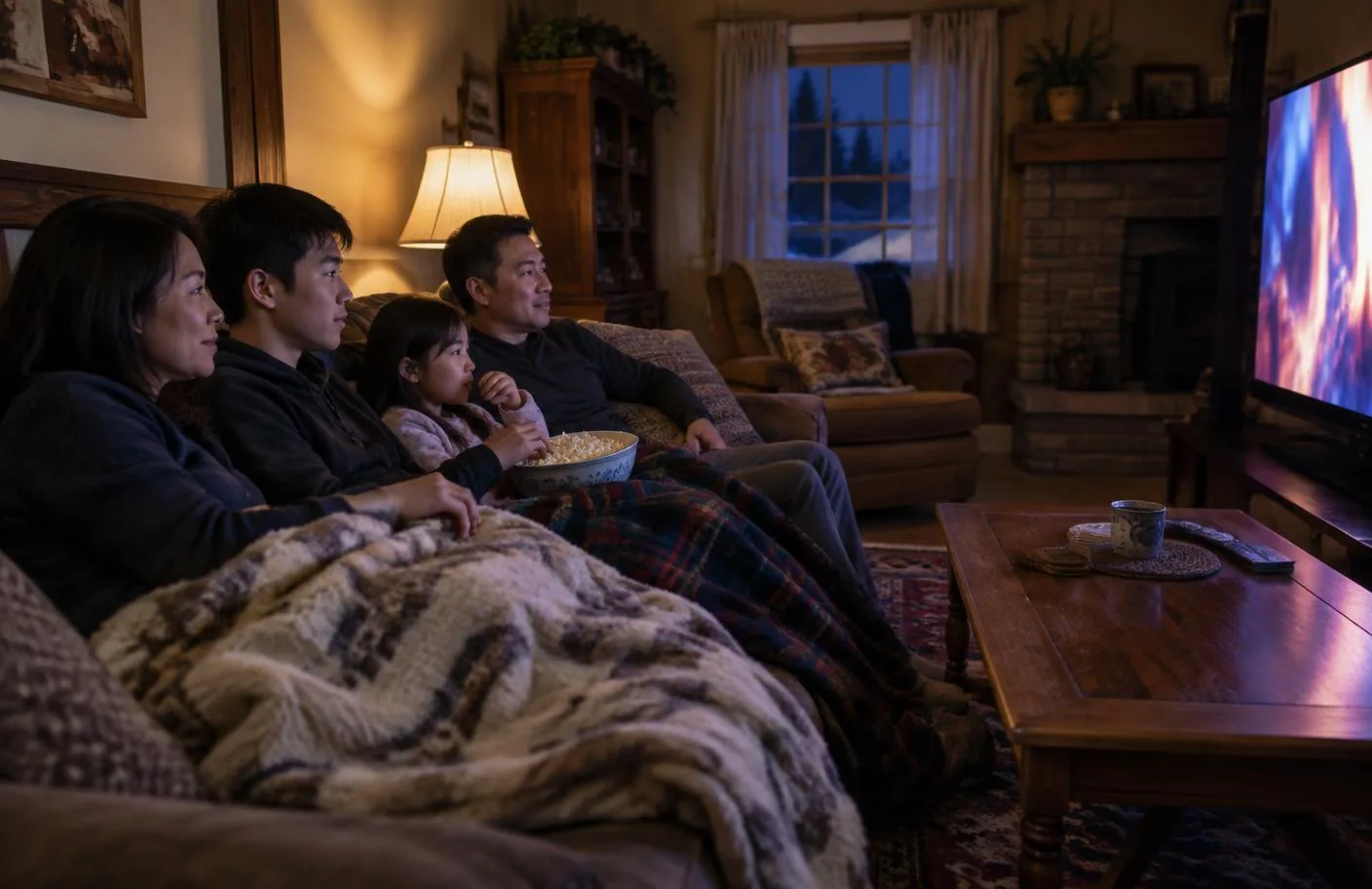 Family enjoying movie night at home