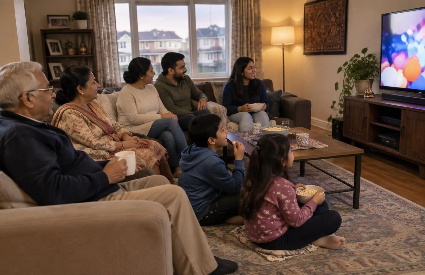 South Asian Canadian family enjoying television